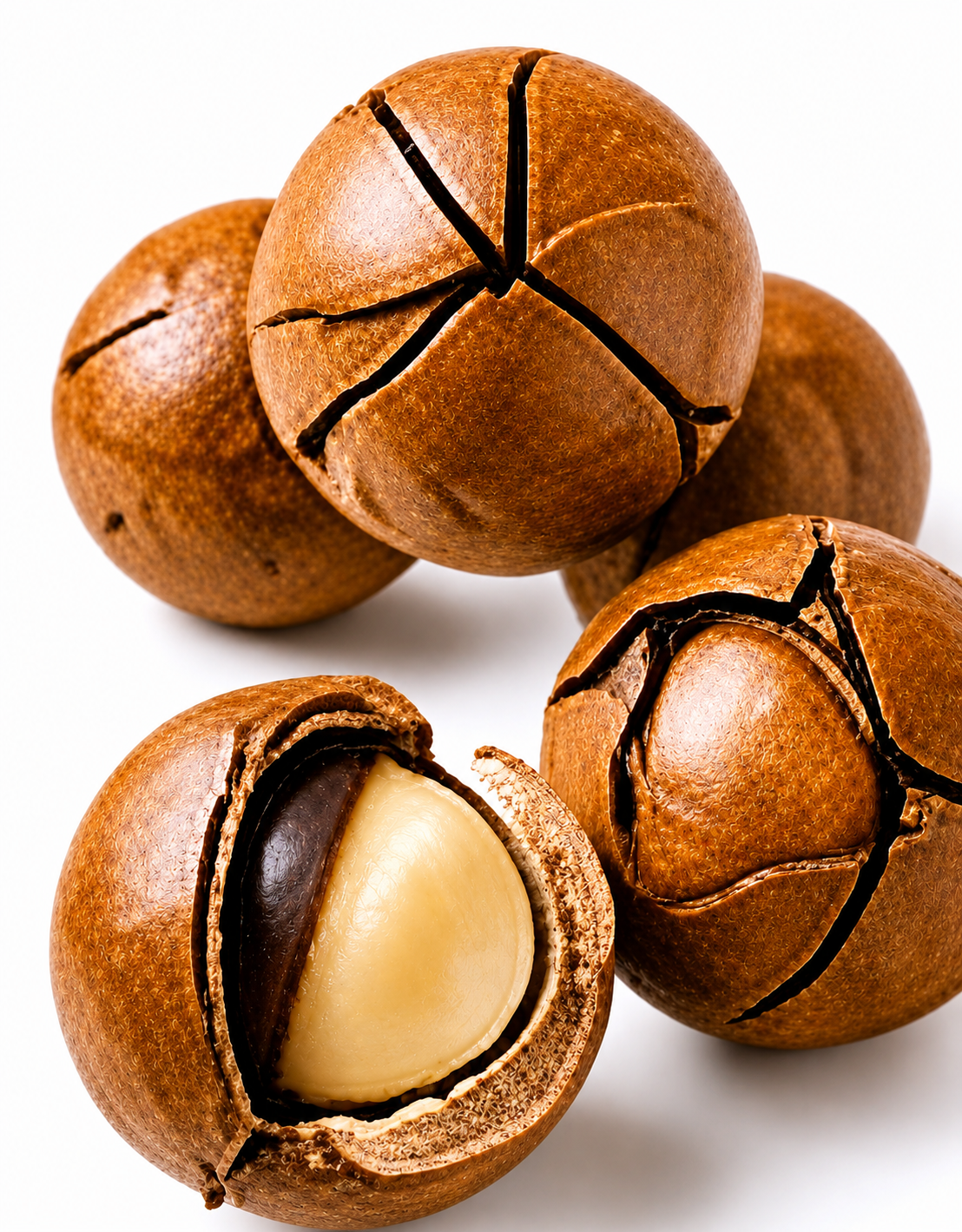 Cluster of premium South African macadamia nuts in shell with one cracked open revealing the kernel